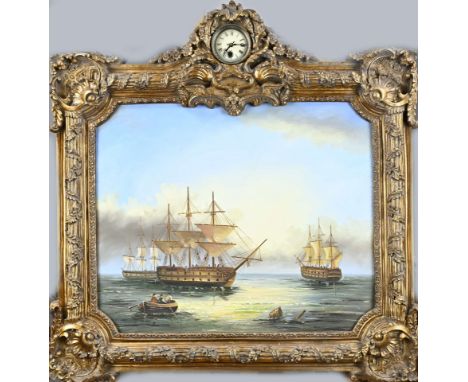 Painting-clock, Viennese style. Mechanical clockwork. Second half 20th century. Oil on linen + gold-coloured wooden frame. Di