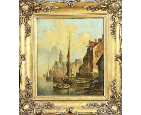 Unclearly signed. 19th century. Harbour view with boats and figures. Oil on panel. Dimensions: H 25 x W 22 cm. In good condit