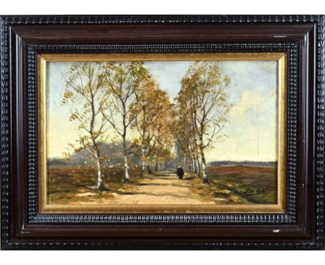 J. ten Cate. Circa 1900. Sandy path with birch trees and walker. Oil on canvas. Dimensions: H 22 x W 33 cm. In good condition