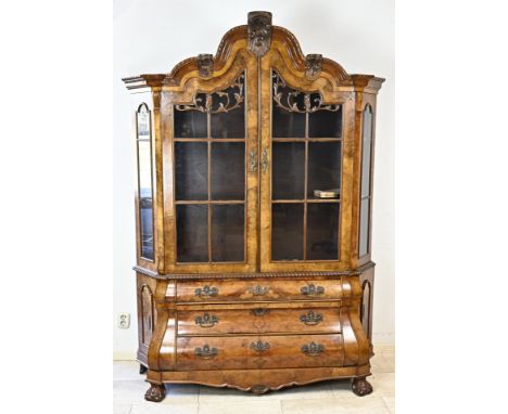 Antique Dutch burr walnut baroque display cabinet with bronze fittings, claw feet and extra doors in base. Beautiful patina. 