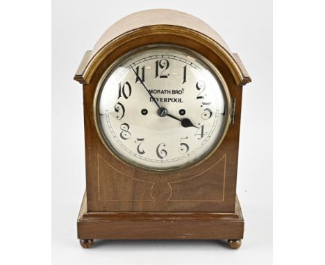 Antique English mahogany bracket clock with fusee movement + five gong spirals, quarter striking Westminster. Circa 1900. Dim