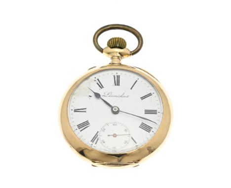 Yellow gold pocket watch, 585/000, Leonidas, with a white enamel dial with off-centre second hand. Damage to the dial. Equipp