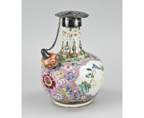 18th - 19th Century Chinese porcelain Family Rose ghendi with oriental silver mounts (low grade). Floral/landscape decor. Dim