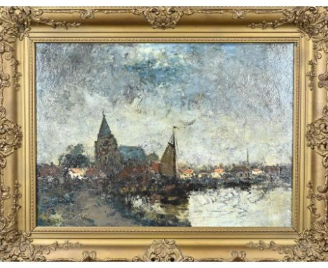 C. Mertens. Signed. River view with church and sailboat. Oil on panel. Dimensions: H 50 x W 70 cm. In good condition.