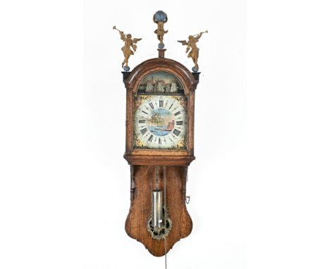 18th century oak Frisian short tail clock with ship mechanism + alarm + wooden statues. Thick head. Size: 127 cm. In good con