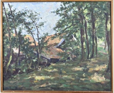 Cor Veenstra. 1889 - 1964 Almelo. Forest view with farmhouse. Oil on panel. Dimensions: H 52 x W 63 cm. In good condition.