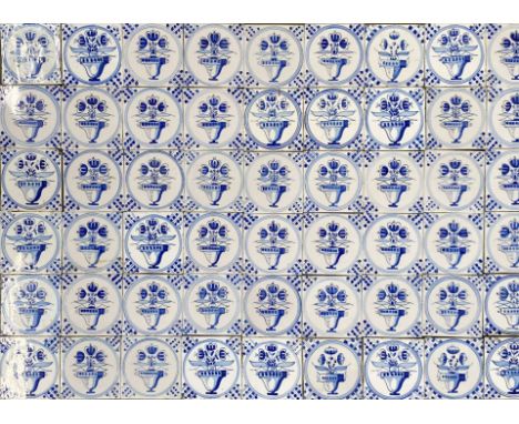Lot of 54 pieces 19th century blue flower pot tiles. Circa 1870. Size: 13 x 13 cm. In good condition.