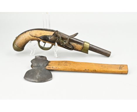 Antique flintlock percussion pistol. Marked BM. Circa 1800. Part of ignition mechanism is missing. Also an axe. Dimensions: L