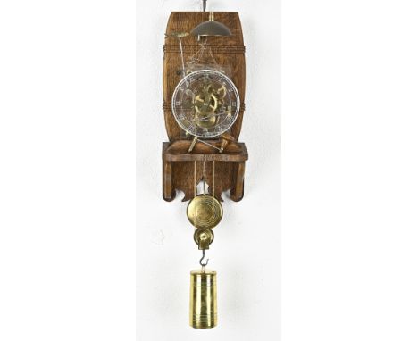 Dutch skeleton clock with pvc dial on oak chair. Self-made. Second half 20th century. Dimensions: 48 cm. In good condition.