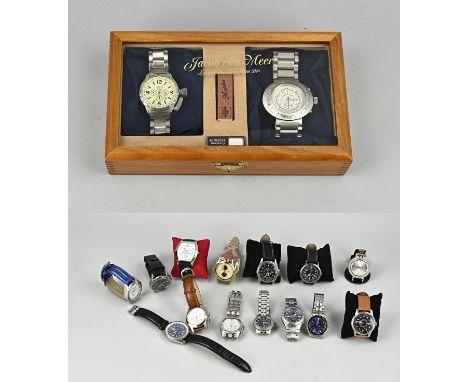 Lot with 16 watches, quartz watches, various brands; including Fossil, Enzo Tempo, Long Time, Rochemont. In reasonably good c