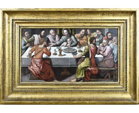 Unsigned. Circa 1800. The Last Supper. Oil on panel. Dimensions: H 30 x W 55 cm. In good condition.
