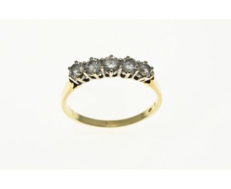 Capital yellow gold Riviere ring, 585/000, with a high white gold setting set with 5 brilliant cut diamonds, total approx. 0.