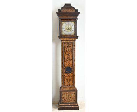 18th Century English grandfather clock with intarsia. John Lounde London. Eight-day movement, with striking mechanism, date +