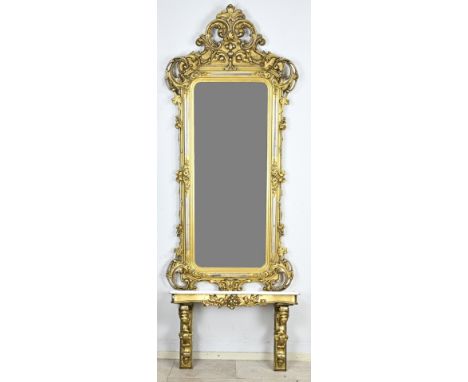 Capital, antique, gilded mirror with console. With original gold leaf gilding. Circa 1850. Dimensions: 250 x 90 x 32 cm. In g