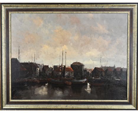 Rob de Haan. 1943 - . Dutch harbour view. Oil on canvas. Dimensions: H 60 x W 80 cm. In good condition.