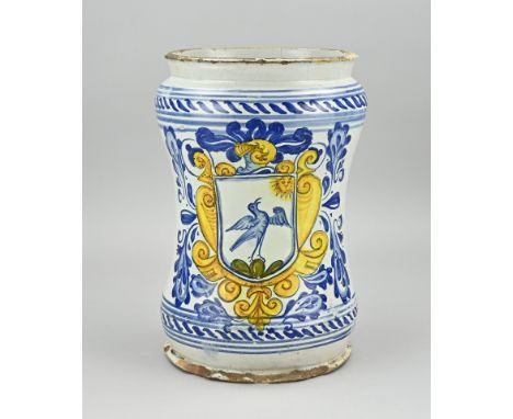 Large 17th - 18th century polychrome faience albarello in renaissance style. Heraldry with songbird. Dimensions: H 31 cm. In 