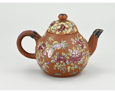 19th Century Chinese Yixing teapot with enamel paint decoration, floral/butterflies. Marked. Inner rim lid damaged. Dimension