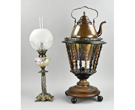 Two parts antique. 1x Willem III tea stove + kettle, circa 1860. 1x Kerosene lamp, glass/marble, electrified. Dimensions: 70 