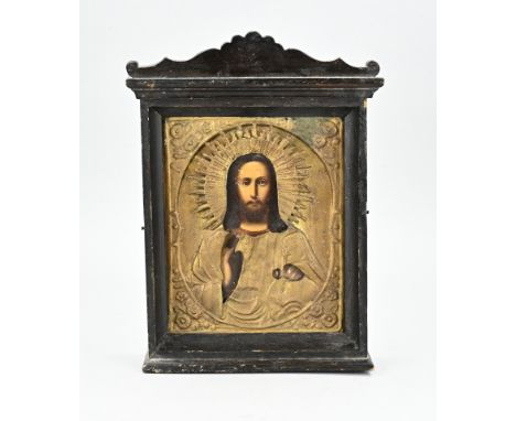 19th Century Russian house icon with gilded feuille Jesus portrait. Dimensions: H 31 x W 24 x 7 cm. In good condition.