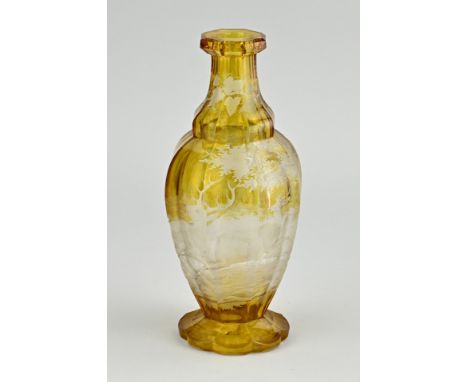 Antique Bohemian crystal decanter with beautiful etched game scene. Circa 1880. Size: H 22 cm. In good condition.