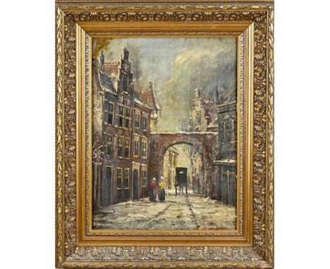 JC van Wassenaar. Circa 1900. Winter village street with figures. Oil on panel. Dimensions: H 36 x W 27 cm. In reasonable/goo