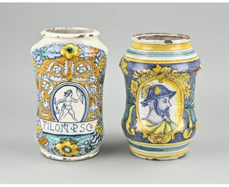 Two antique polychrome faience albarello apothecary jars. Italy. 17th - 18th century. Size: H 20 - 21 cm. In good condition.