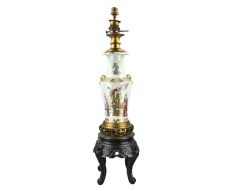 Antique Chinese porcelain Familie Rose lamp base with noble figures decor + gold text, bronze frame. 18th - 19th Century. Siz