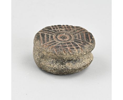 Antique ironing stone with Celtic-like engraving. Archaeological find. Age? Dimensions: 4 x 7 x 8 cm. In good condition.