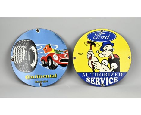 Two old round enamel advertising signs. Continental + Ford Popeye. Dimensions: Ø 29.7 cm. In good condition.