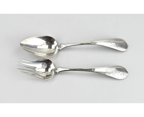 Silver salad cutlery, 833/000, with a spoon and fork with contoured handle with engraving. Spoon MT.: C.van Baaren, Schoonhov