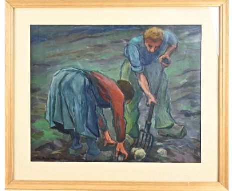 Klaas Bernink, 1957. 1913 - 1996 Glanerbrug. Potato harvesters. Oil on panel. Dimensions: H 38 x W 47 cm. In good condition.