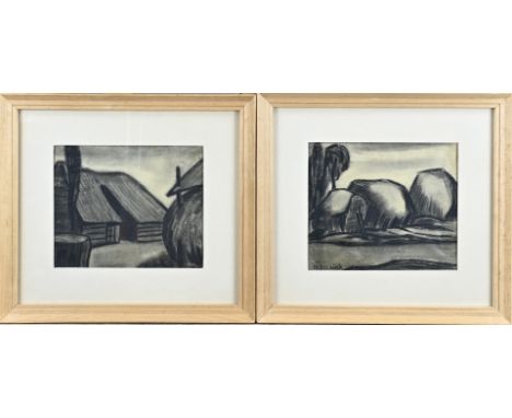 Two works by Klaas Bernink. 1913 - 1996 Glanerbrug. 1x Barn and haystack, 1955. 1x Haystacks near Giethoorn, 1955. Pastel on 