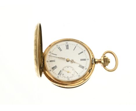 Yellow gold pocket watch, 585/000, watch with a lid, decorated with bands with engraving and a shield. The watch has a white 