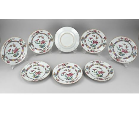 Set of eight 18th century Chinese porcelain Familie Rose plates with tobacco leaf/floral decoration. Some minimal chip, no ha
