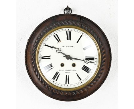 19th Century French mahogany wall clock with eight-day movement, half-hourly striking on gong spiral. Dimensions: 13 x Ø 35 c