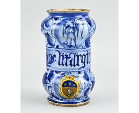 17th - 18th Century Italian majolica albarello apothecary jar with angel, coat of arms and Latin inscription. Size: H 19 cm. 