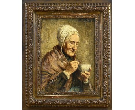 Willem van Nieuwenhoven. 1879 - 1973. Tea-drinking woman. Oil on panel. Dimensions: H 25 x W 18 cm. In good condition.