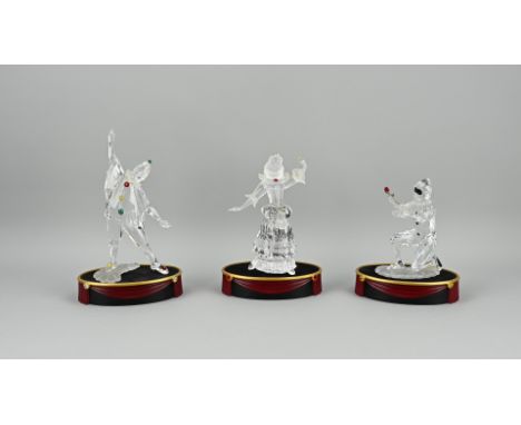 Three large Swarovski annual pieces of crystal. With three tableaus + original box. 1x Dancing Pierrot. 1x Pierrot with rose.