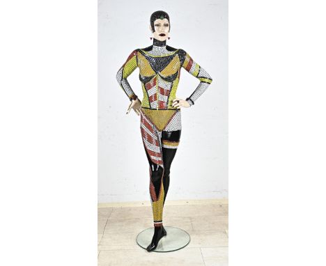 Modern Art Deco style mosaic glued mannequin, with jewelry, Petra Dura. Standing on a glass plateau. 181cm. In very good cond