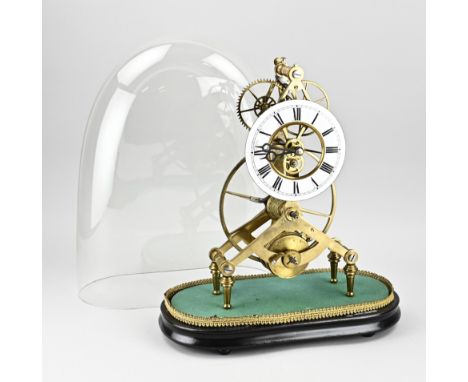 19th century skeleton clock under glass dome. With fusee movement. Silent movement. Dimensions: 50 x 38 x 18 cm. In good cond