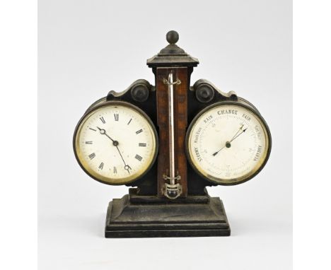 19th Century English mahogany desk clock with extra thermometer + barometer. Dimensions: 21 x 21 x 7 cm. In good condition.