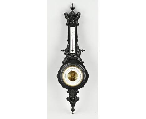 Antique Dutch ebonised wooden barometer by Gudendag Opticiens de la cour Amsterdam. Circa 1890. Dimensions: L 75 cm. In good 