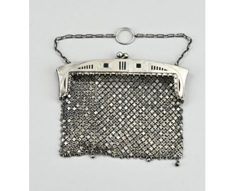 Silver bag, 800/000, Art Deco. Slightly curved bracket with line decoration and green square stones. The bracket is provided 
