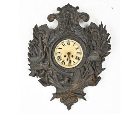 Antique cast iron hunting clock. France. Circa 1900. Eight-day movement, half-hourly striking. Size: 56 cm. In good condition