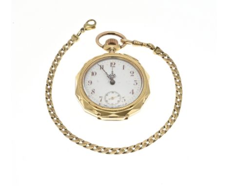 Yellow gold pocket watch, 585/000, with a facetted edge. 72 grams. The watch has a white enamel dial with an off-center secon