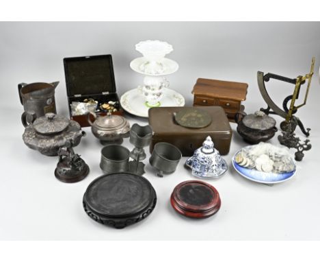 Box with miscellaneous. Including; boxes, letter scales, etagère, money box, vase consoles, jugs etc. 19th - 20th century. In