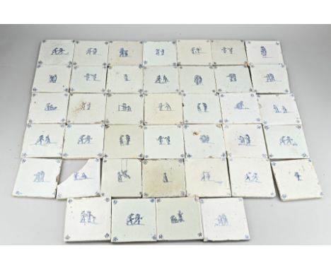 Lot with 35 antique Dutch tiles. Circa 1800. With playing children scenes. Size: 13 x 13 cm. In good condition. (are in brown