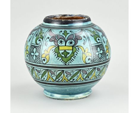 Antique polychrome faience Persian ball vase. Marked Safi. With Persian text and floral decoration. Dimensions: H 20.5 x Ø 20