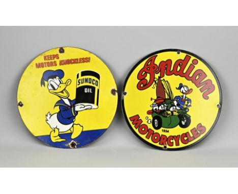 Two old round enamel advertising signs with Donald. Sunoco Oil + Indian Motorcycles. Dimensions: Ø 29.7 cm. In good condition