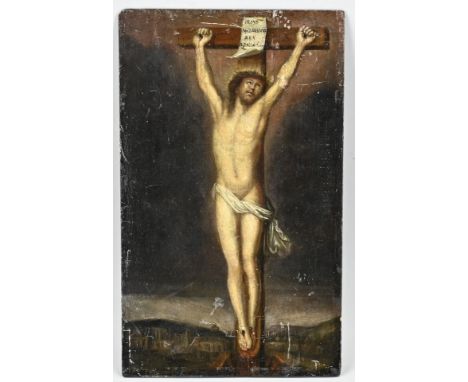 Unsigned? 18th Century. Crucified Jesus of Nazareth. Oil on panel. Some damage. Dimensions: H 38.5 x W 23.3 cm. In fair/good 